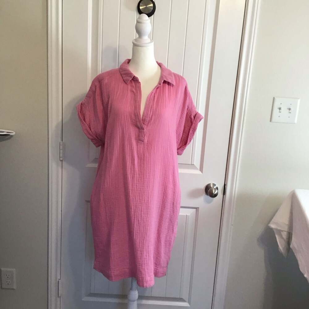 J.Crew Gauze Cotton Popover Dress Festive Pink Large Summer Beach - Picture 2 of 11